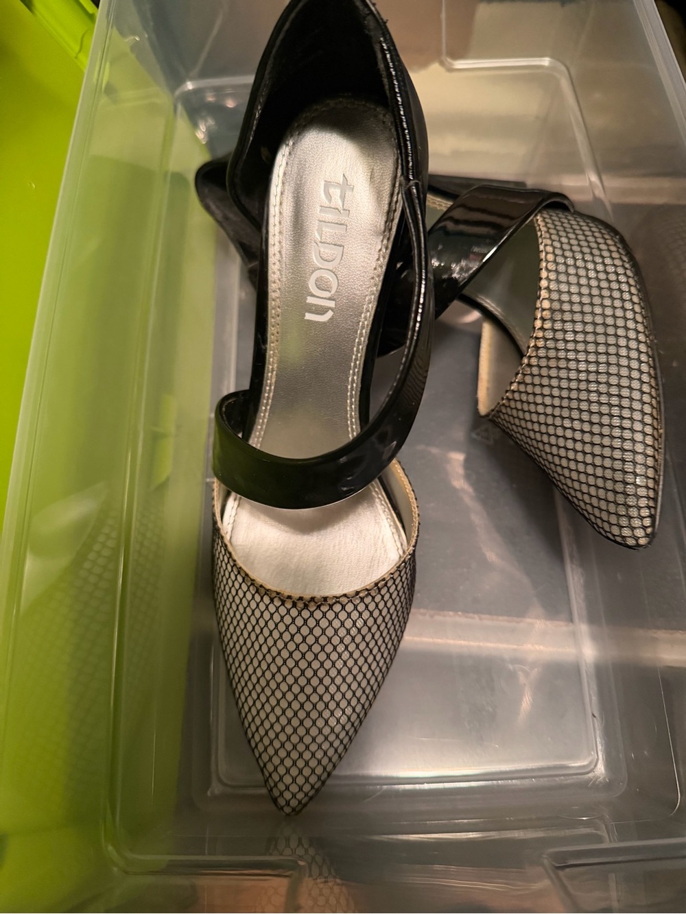 Tildon Black Patent Mary Jane Heels with White Mesh-Patterned Pointed Toe